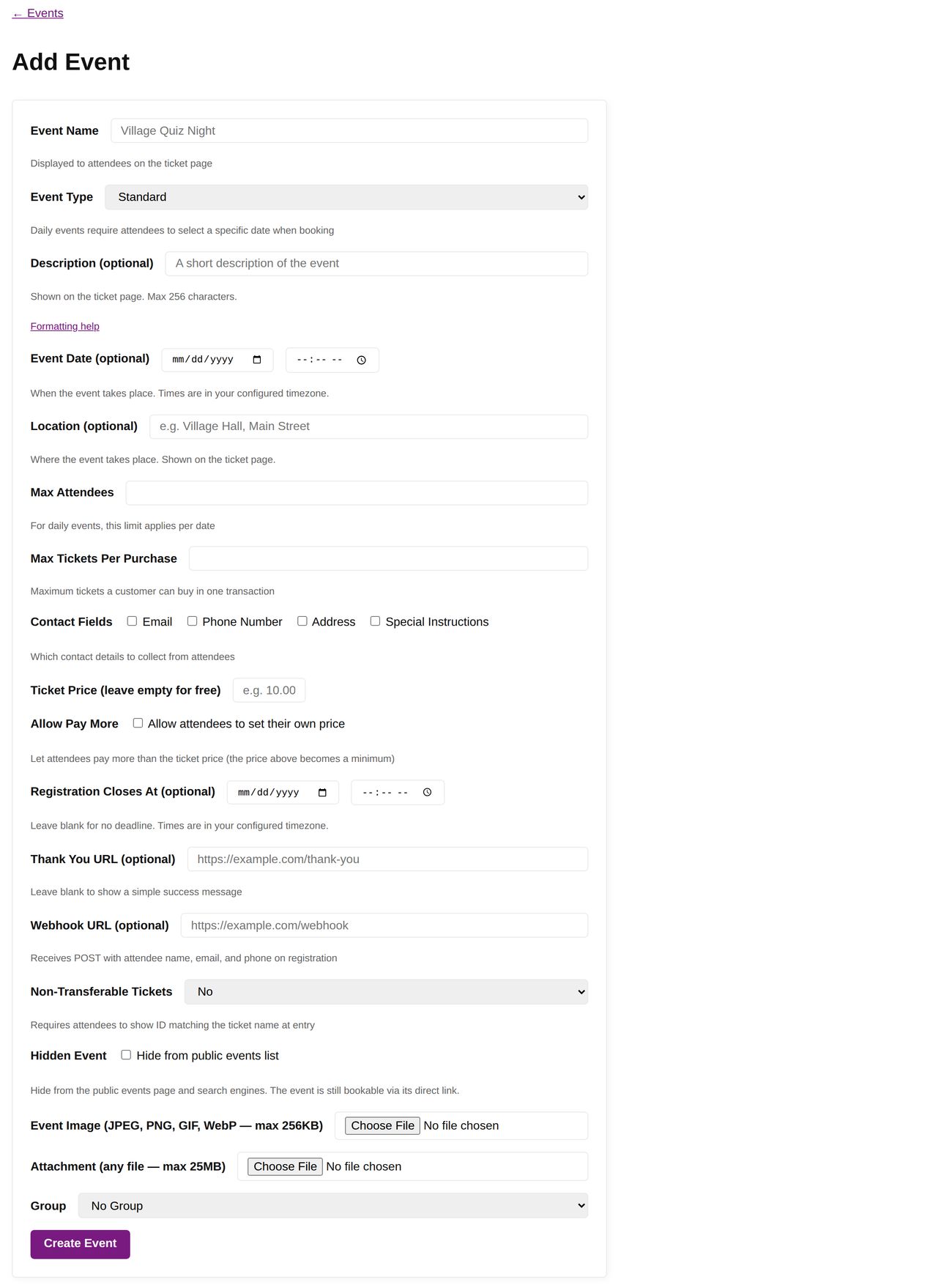 The event creation form with fields for name, type, description, pricing, and more