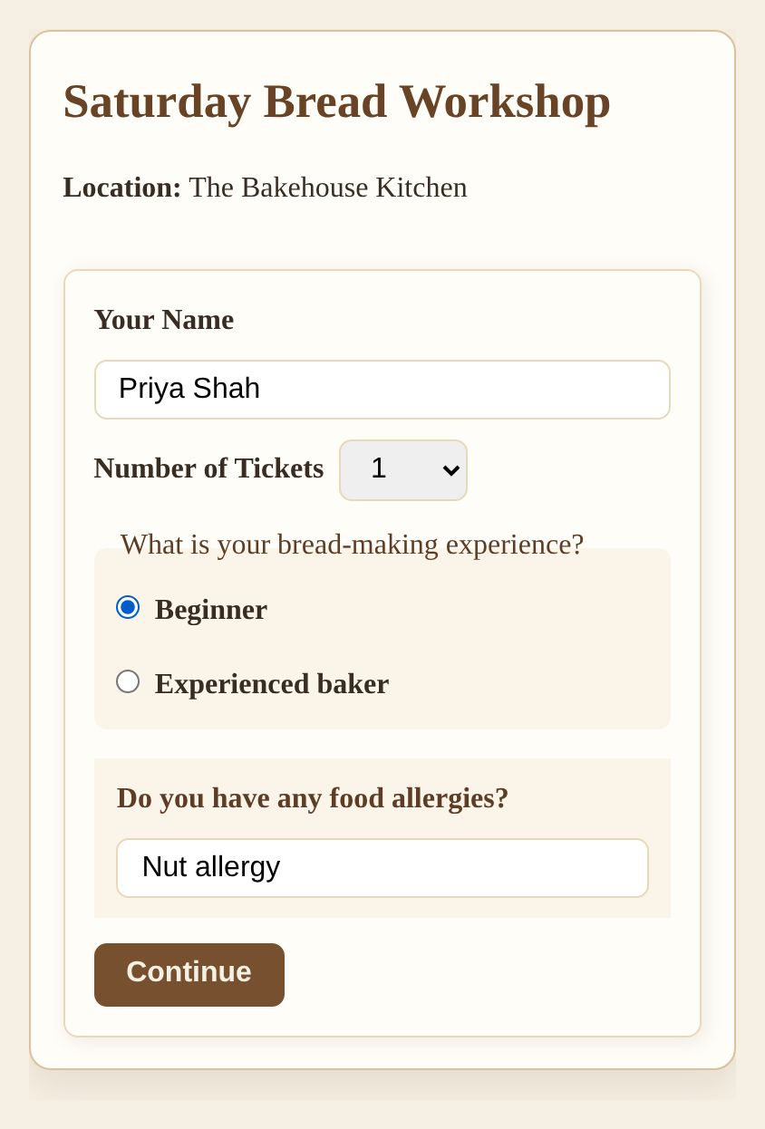 Saturday Bread Workshop checkout filled in with bread-making experience and food allergy answers