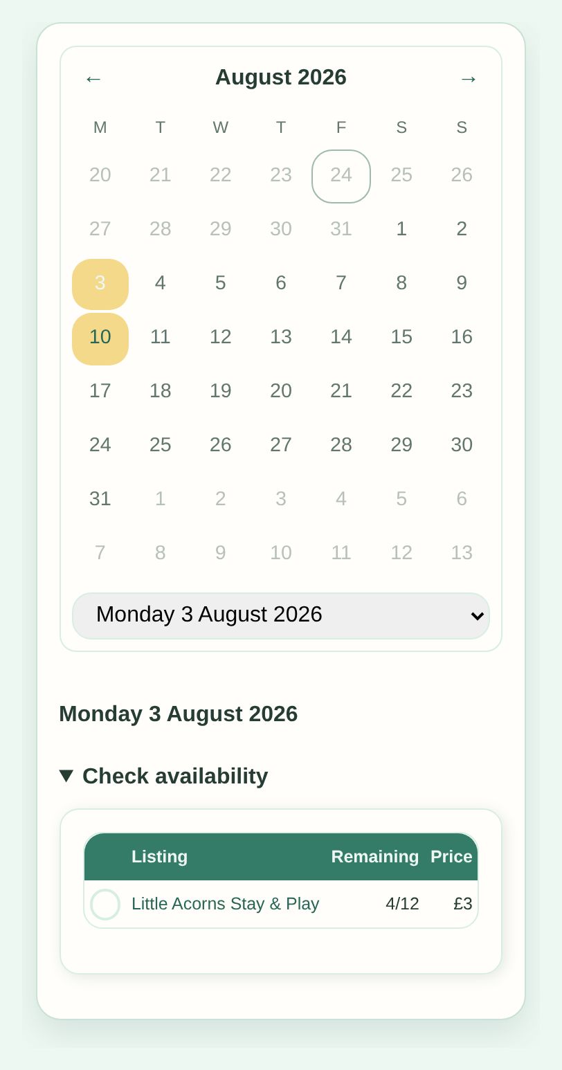 Admin calendar for Little Acorns Stay and Play, with four of twelve places remaining