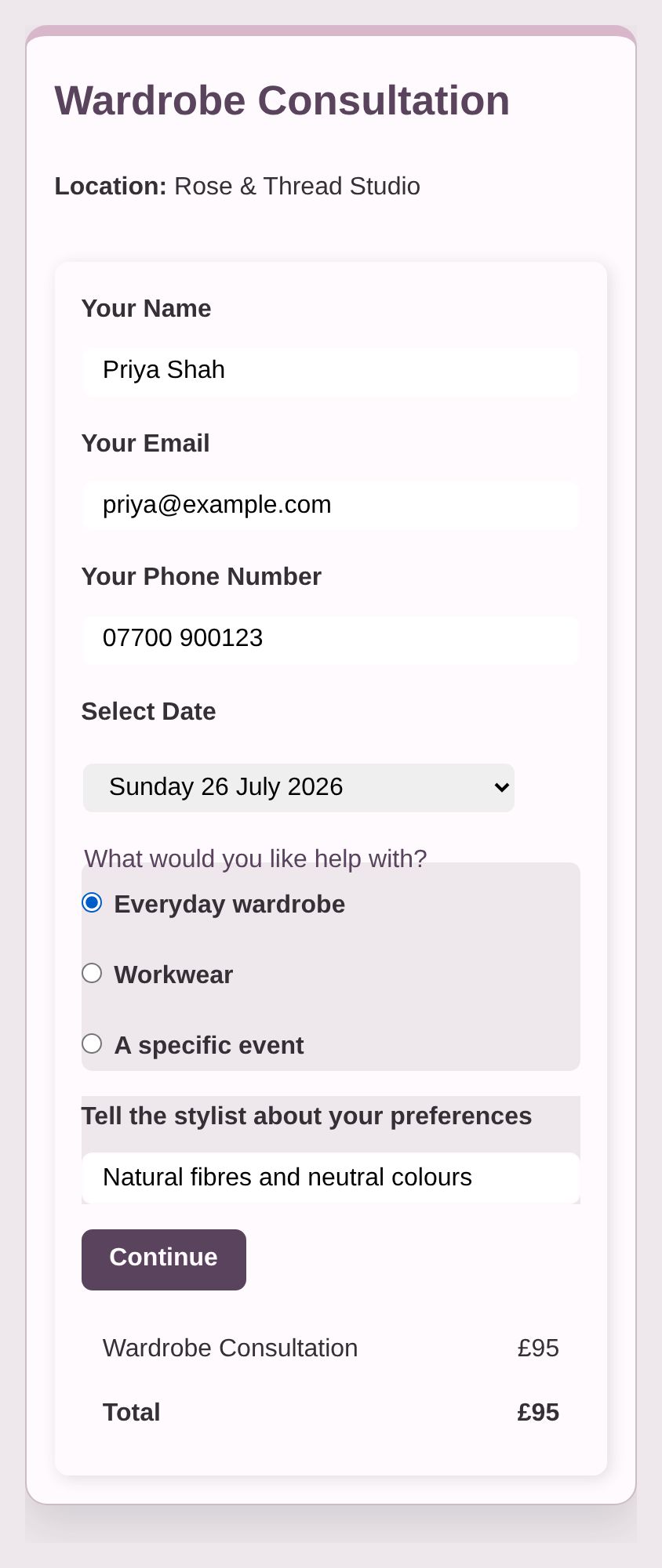 Personal styling consultation checkout asking about style goals and preferred session format