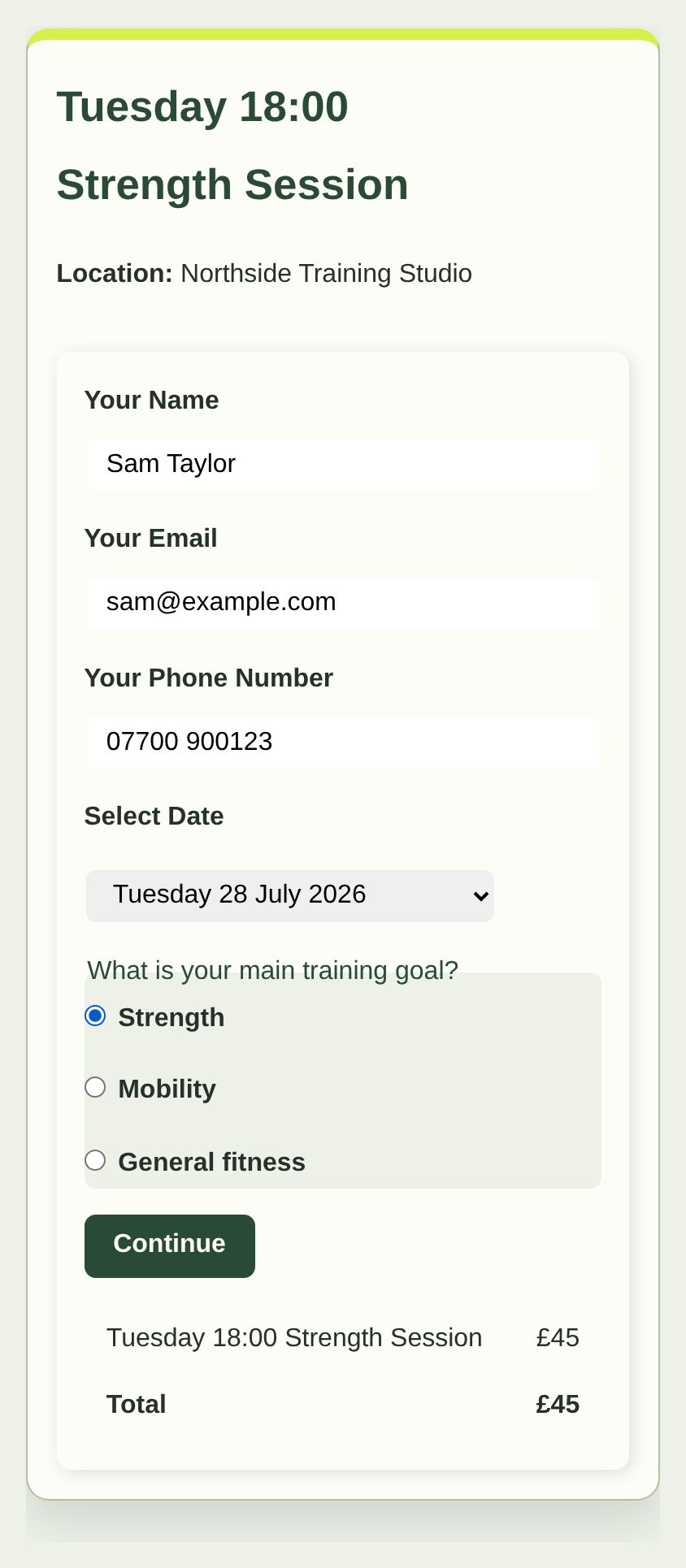 Personal training session checkout with a date, quantity and training goal question