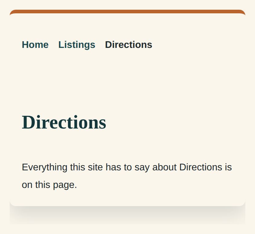 A screenshot of a public site page called Directions, reached from the site's own navigation alongside Home and Listings