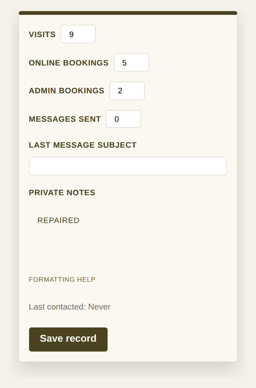 A screenshot of a contact record that opened after its note could not be read, still showing 9 visits and 5 online bookings, with a note reading Repaired