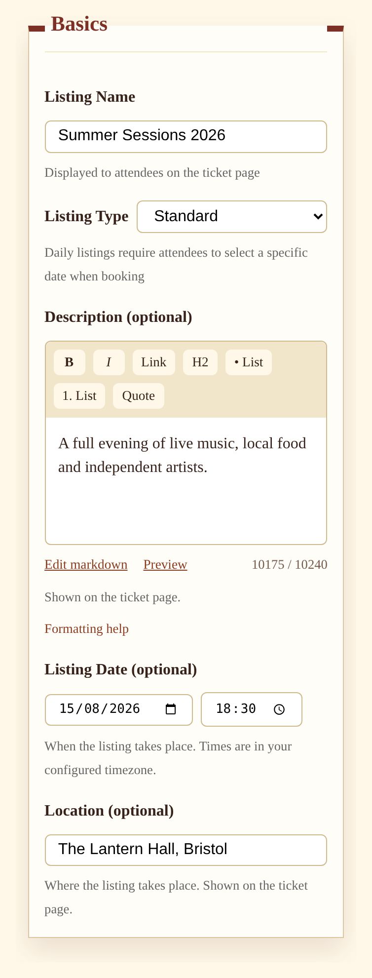 Mobile listing form for Summer Sessions 2026 showing its description, date and Bristol venue
