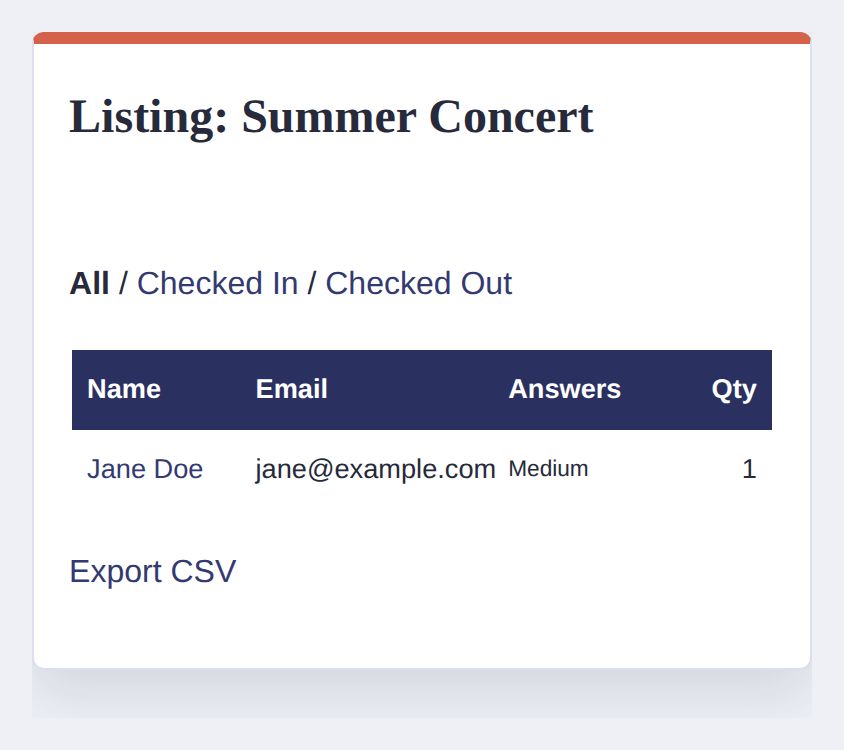 A screenshot of the Summer Concert attendee list, showing Jane Doe, her email, the Medium size she picked and one place